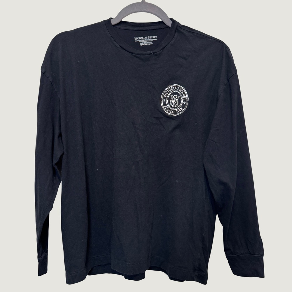 Victoria's Secret Womens Long Sleeve Shirt XS Black Rhinestone Logo Y2K Glam
